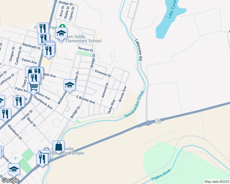 map of restaurants, bars, coffee shops, grocery stores, and more near 787 Delta Way in Watsonville