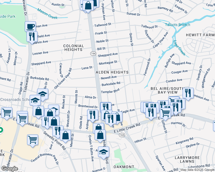 map of restaurants, bars, coffee shops, grocery stores, and more near 1127 Burksdale Road in Norfolk