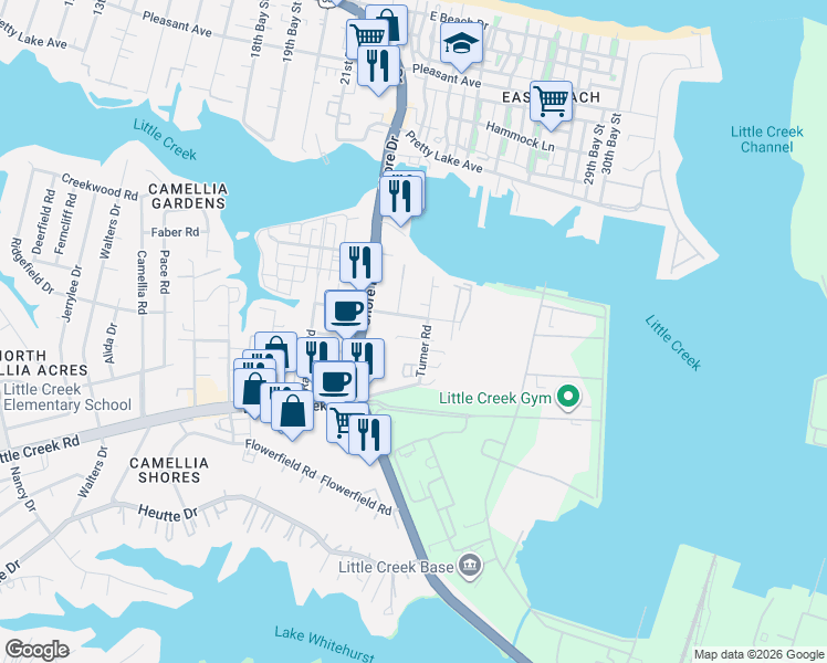 map of restaurants, bars, coffee shops, grocery stores, and more near 8104 Wisteria Place in Norfolk