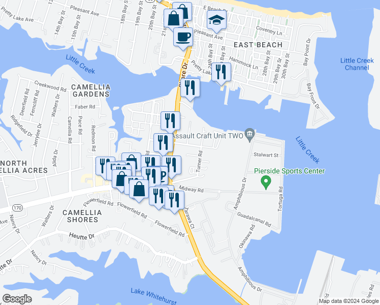 map of restaurants, bars, coffee shops, grocery stores, and more near 8104 Wisteria Place in Norfolk