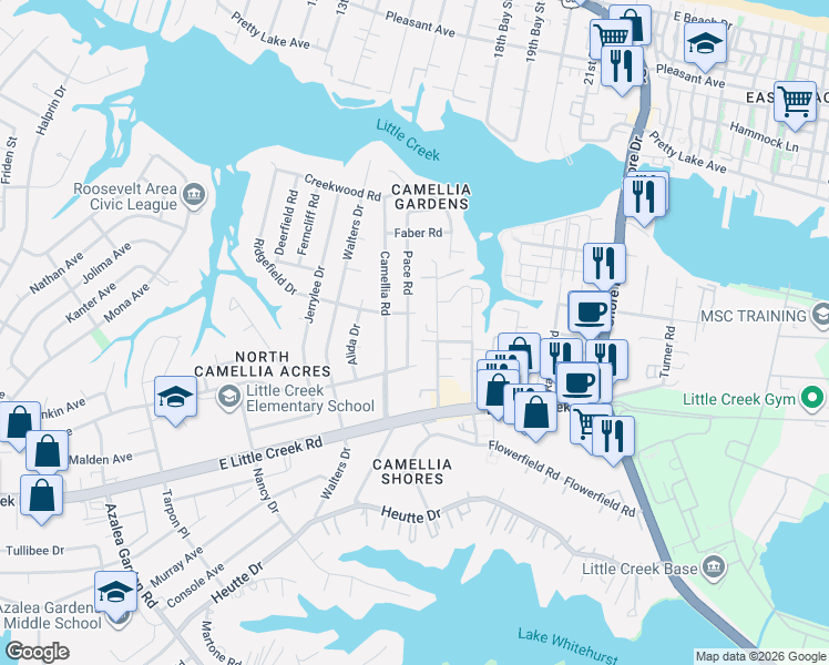 map of restaurants, bars, coffee shops, grocery stores, and more near 8100 Pace Road in Norfolk