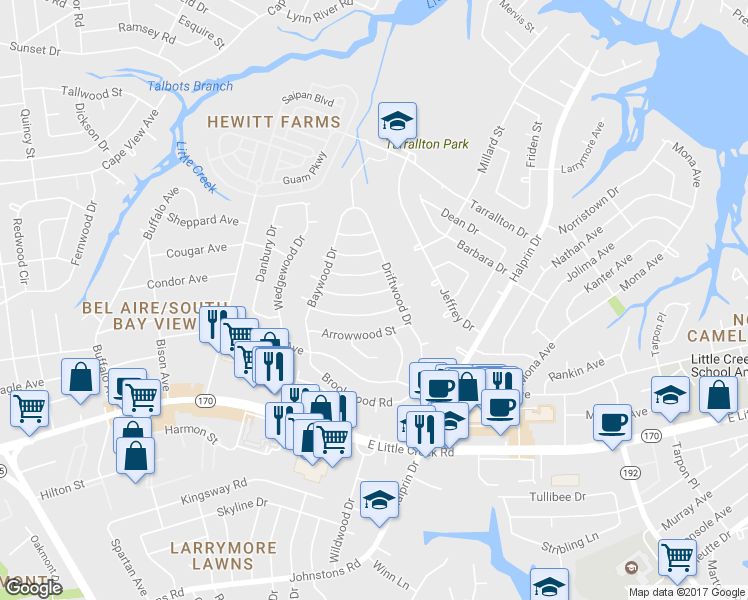 map of restaurants, bars, coffee shops, grocery stores, and more near 1847 Dellwood Drive in Norfolk