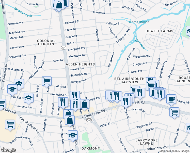 map of restaurants, bars, coffee shops, grocery stores, and more near 8204 Redwood Circle in Norfolk