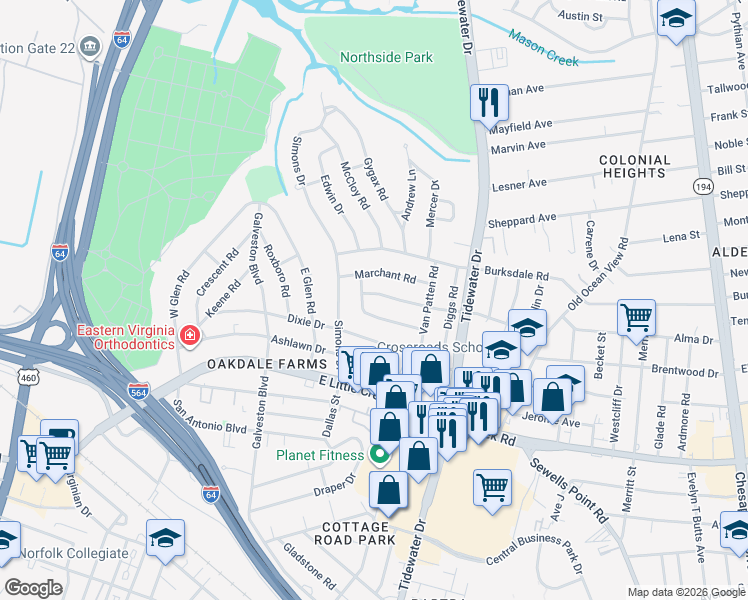 map of restaurants, bars, coffee shops, grocery stores, and more near 527 Marchant Road in Norfolk