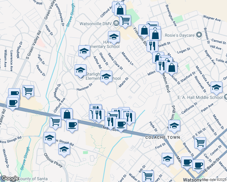 map of restaurants, bars, coffee shops, grocery stores, and more near 490 Auto Center Drive in Watsonville