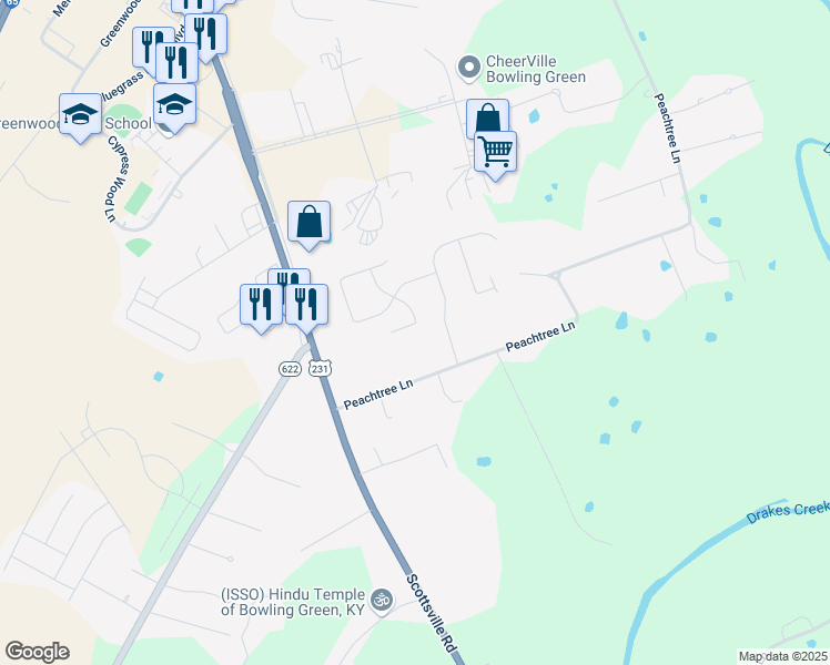 map of restaurants, bars, coffee shops, grocery stores, and more near 125 Moultrie Court in Bowling Green