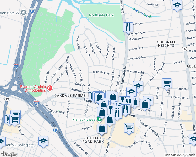 map of restaurants, bars, coffee shops, grocery stores, and more near 527 Marchant Road in Norfolk