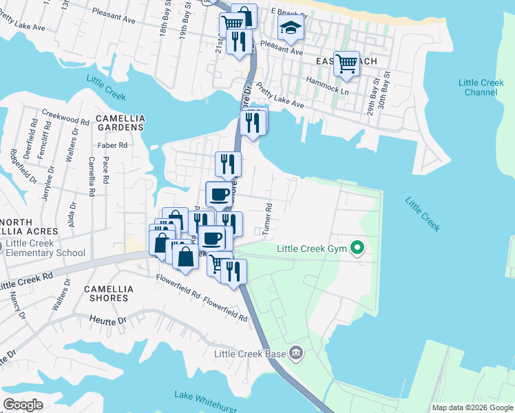 map of restaurants, bars, coffee shops, grocery stores, and more near 8104 Wisteria Place in Norfolk