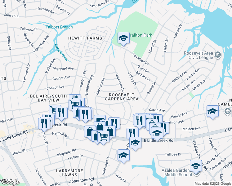 map of restaurants, bars, coffee shops, grocery stores, and more near 1847 Dellwood Drive in Norfolk