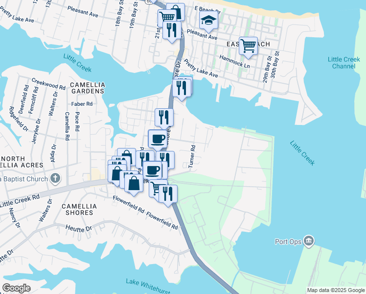 map of restaurants, bars, coffee shops, grocery stores, and more near 4318 Tides Court in Norfolk