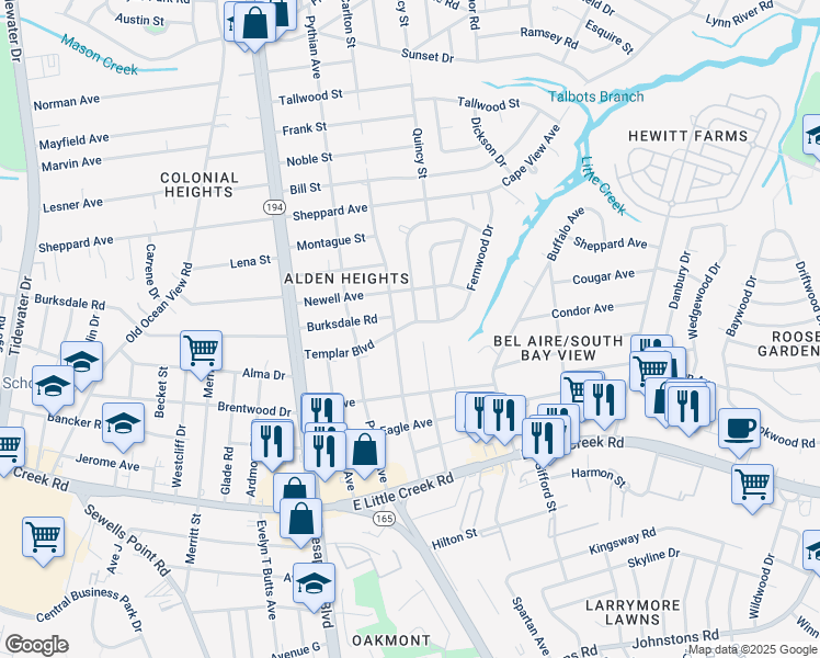map of restaurants, bars, coffee shops, grocery stores, and more near 8204 Redwood Circle in Norfolk