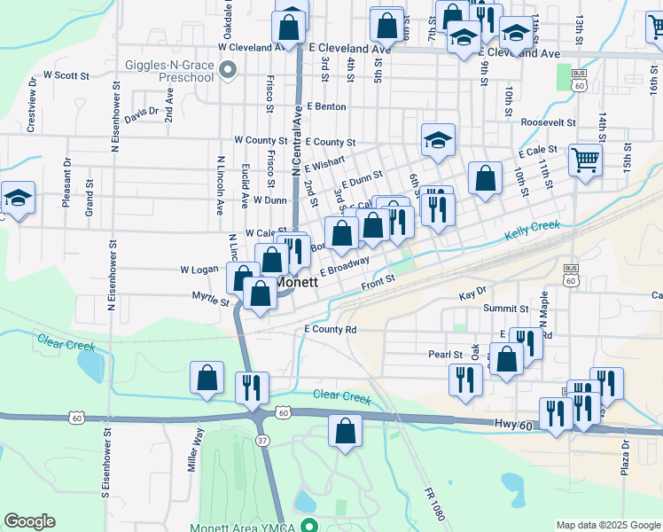 map of restaurants, bars, coffee shops, grocery stores, and more near East Bond Street in Monett