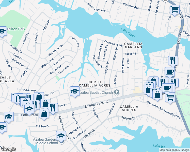 map of restaurants, bars, coffee shops, grocery stores, and more near 8052 Lynnbrook Drive in Norfolk