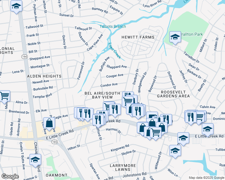 map of restaurants, bars, coffee shops, grocery stores, and more near 1628 Coyote Avenue in Norfolk