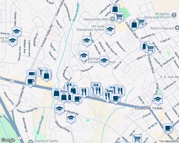map of restaurants, bars, coffee shops, grocery stores, and more near 344 Pennsylvania Drive in Watsonville