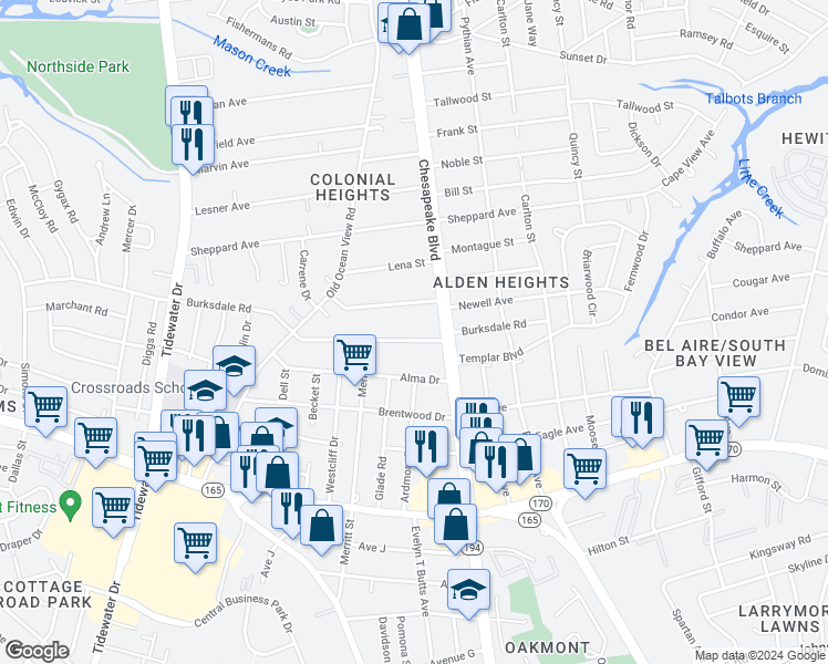 map of restaurants, bars, coffee shops, grocery stores, and more near 942 Burksdale Road in Norfolk