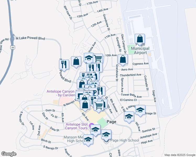 map of restaurants, bars, coffee shops, grocery stores, and more near 46 Thunderbird Avenue in Page