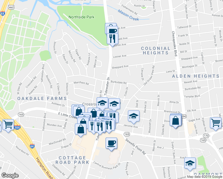 map of restaurants, bars, coffee shops, grocery stores, and more near 8119 Kenwood Drive in Norfolk