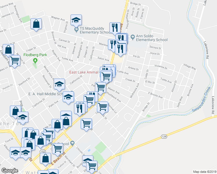 map of restaurants, bars, coffee shops, grocery stores, and more near 717 California 152 in Watsonville