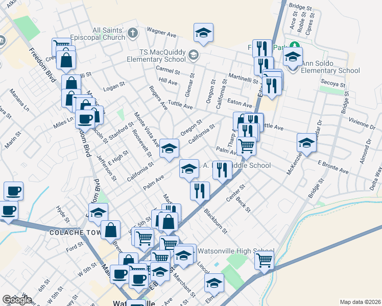 map of restaurants, bars, coffee shops, grocery stores, and more near 532 California Street in Watsonville