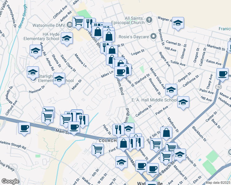 map of restaurants, bars, coffee shops, grocery stores, and more near in Watsonville
