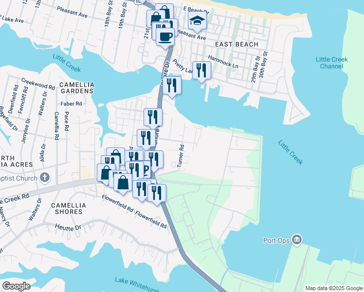 map of restaurants, bars, coffee shops, grocery stores, and more near 8104 Turner Road in Norfolk