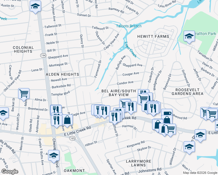 map of restaurants, bars, coffee shops, grocery stores, and more near 8060 Buffalo Avenue in Norfolk