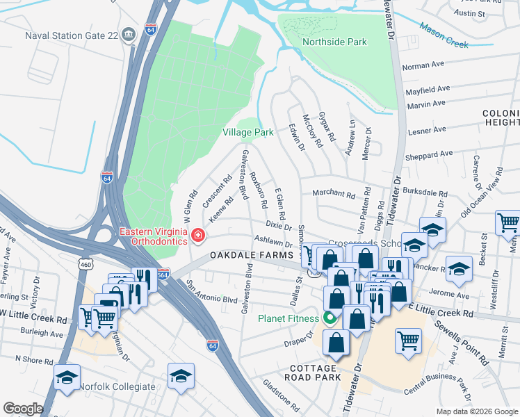 map of restaurants, bars, coffee shops, grocery stores, and more near 8015 Roxboro Road in Norfolk