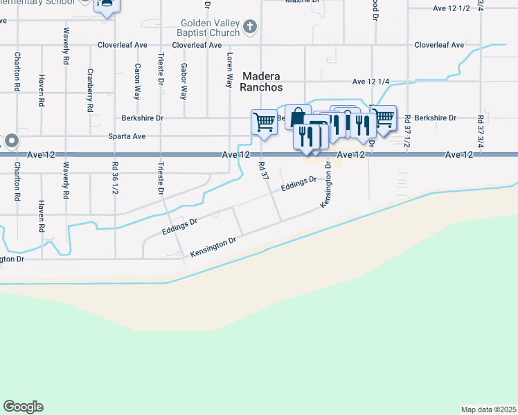 map of restaurants, bars, coffee shops, grocery stores, and more near 11896 Road 37 in Madera
