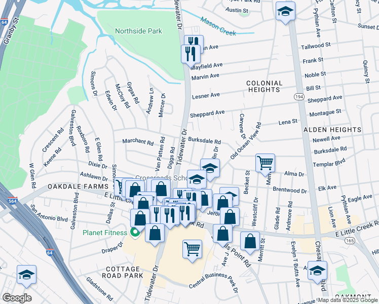map of restaurants, bars, coffee shops, grocery stores, and more near 8119 Kenwood Drive in Norfolk