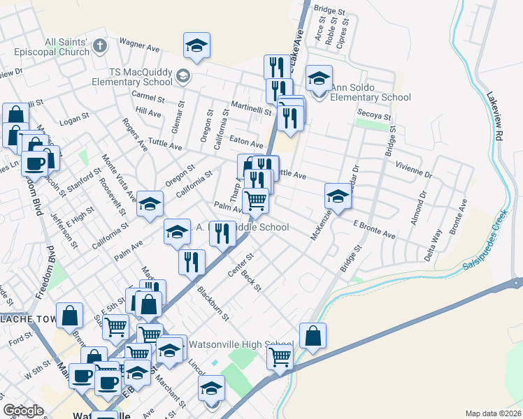 map of restaurants, bars, coffee shops, grocery stores, and more near 717 California 152 in Watsonville
