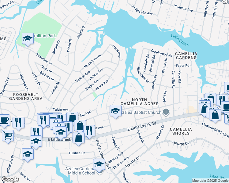 map of restaurants, bars, coffee shops, grocery stores, and more near 2509 Fala Circle in Norfolk