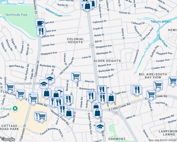 map of restaurants, bars, coffee shops, grocery stores, and more near 942 Burksdale Road in Norfolk