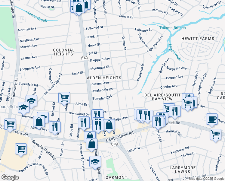 map of restaurants, bars, coffee shops, grocery stores, and more near 1213 Burksdale Road in Norfolk