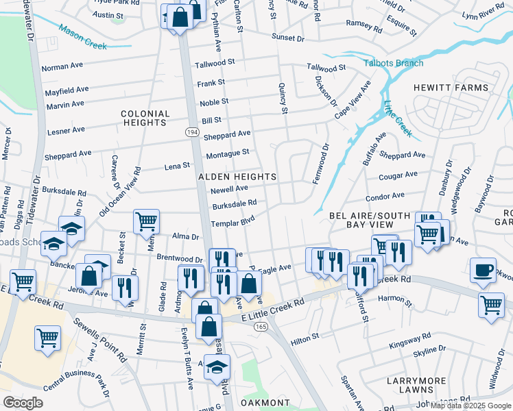 map of restaurants, bars, coffee shops, grocery stores, and more near 1213 Burksdale Road in Norfolk