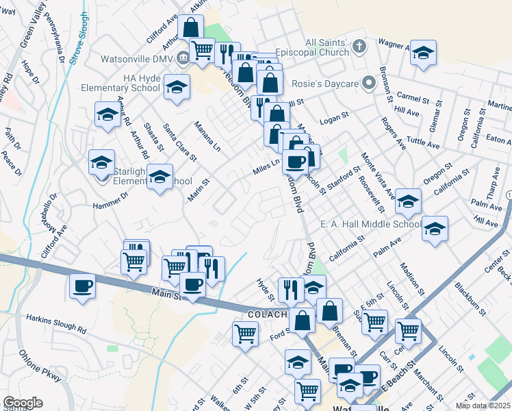 map of restaurants, bars, coffee shops, grocery stores, and more near 6 Crespi Way in Watsonville