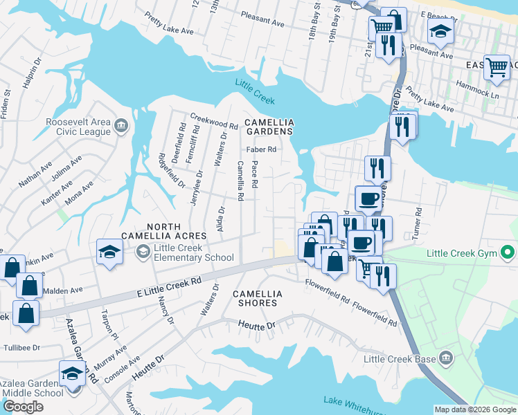 map of restaurants, bars, coffee shops, grocery stores, and more near 8100 Pace Road in Norfolk