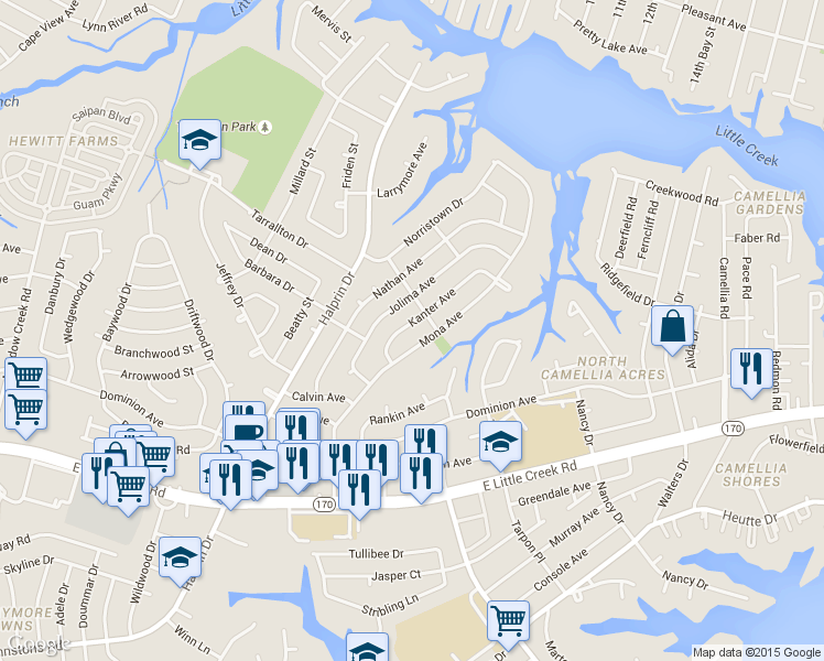 map of restaurants, bars, coffee shops, grocery stores, and more near 8237 Kanter Avenue in Norfolk