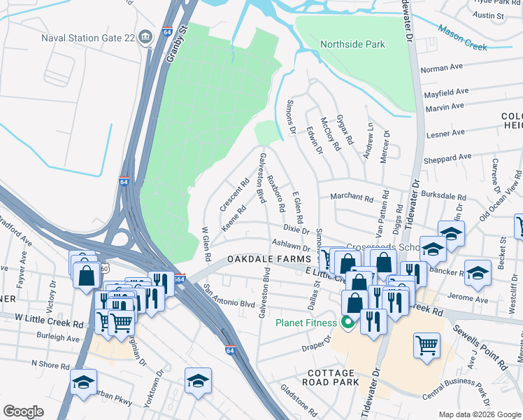map of restaurants, bars, coffee shops, grocery stores, and more near 8019 Keene Road in Norfolk