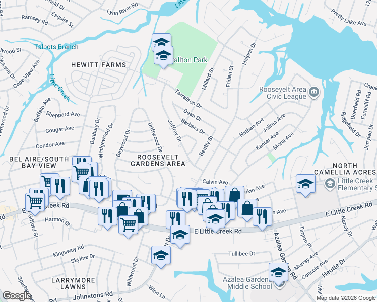 map of restaurants, bars, coffee shops, grocery stores, and more near 2232 Jeffrey Drive in Norfolk
