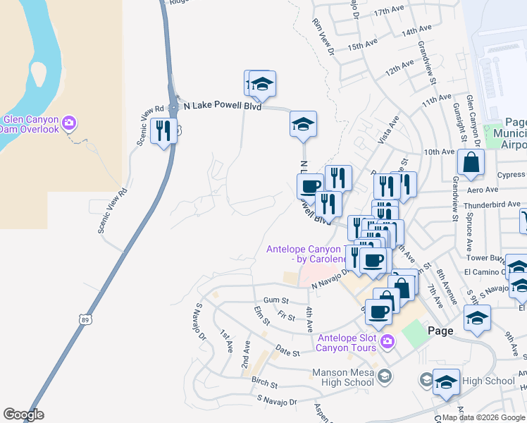 map of restaurants, bars, coffee shops, grocery stores, and more near 337 Clubhouse Drive in Page
