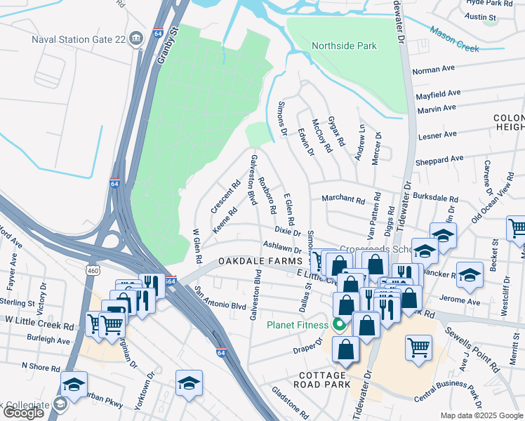 map of restaurants, bars, coffee shops, grocery stores, and more near 8006 Galveston Boulevard in Norfolk