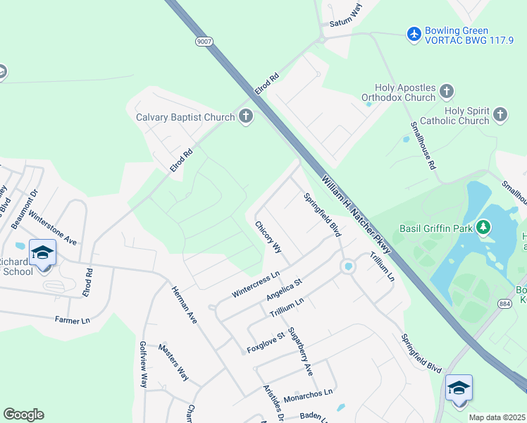 map of restaurants, bars, coffee shops, grocery stores, and more near 1203 Chicory Way in Bowling Green