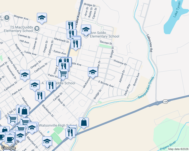 map of restaurants, bars, coffee shops, grocery stores, and more near 560 Cedar Drive in Watsonville