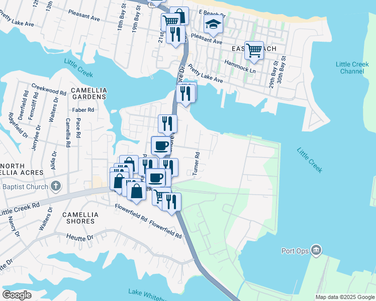 map of restaurants, bars, coffee shops, grocery stores, and more near 8104 Wisteria Place in Norfolk
