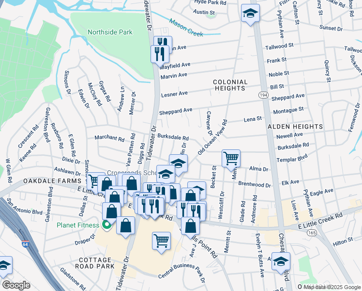 map of restaurants, bars, coffee shops, grocery stores, and more near 8141 Foxdale Drive in Norfolk