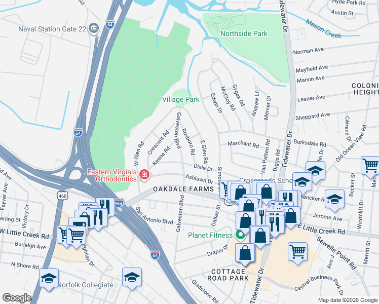 map of restaurants, bars, coffee shops, grocery stores, and more near 8015 Roxboro Road in Norfolk