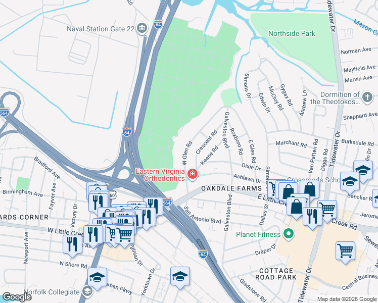 map of restaurants, bars, coffee shops, grocery stores, and more near 8021 West Glen Road in Norfolk