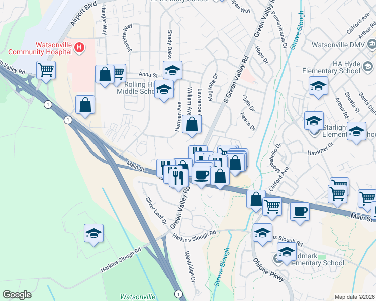 map of restaurants, bars, coffee shops, grocery stores, and more near 49 Melwood Street in Watsonville
