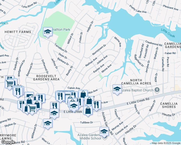 map of restaurants, bars, coffee shops, grocery stores, and more near 8225 Kanter Avenue in Norfolk